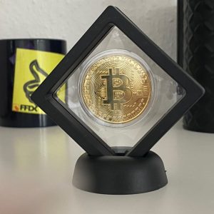 Schwebende Bitcoin Münze im stylischen Ständer aus Acryl 70mm x70mm schwarz