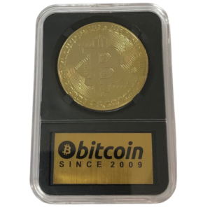 Sammelmünze „BITCOIN (BTC)“ gold in edlem GRADING CASE mit golden funkelnder „Bitcoin since 2009 Etikette“