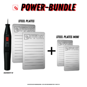 FFDK Power Bundle – Komplettset mit Steel Plates, Mini Backup & Gravurstift | Feuer- & Wasserfest | Für 24-Wörter Seed Phrases